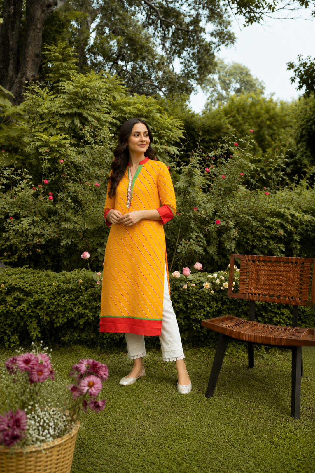 Yellow Leheriya Straight Cotton  Kurta
