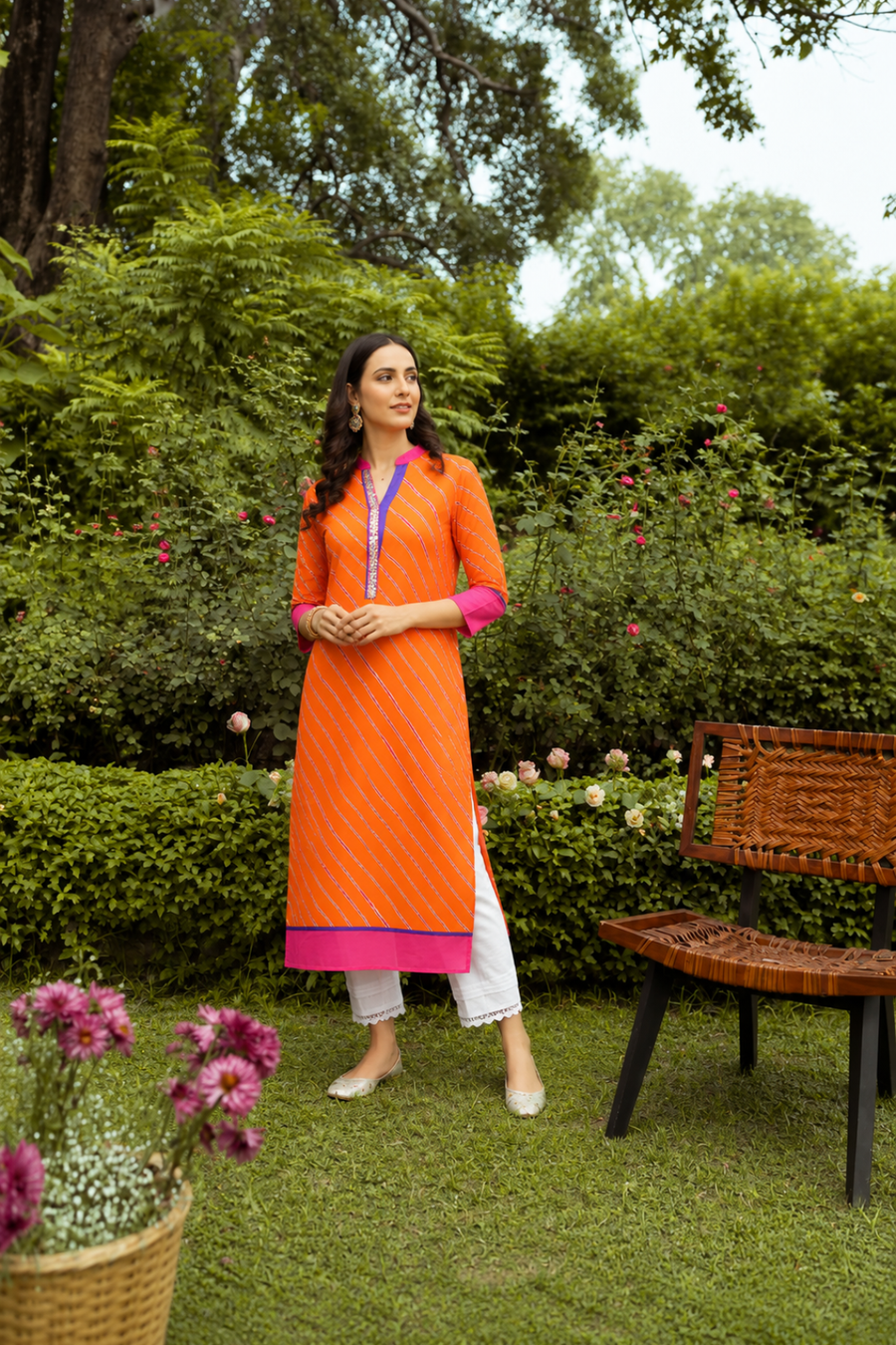 Orange Leheriya Straight Cotton Kurta