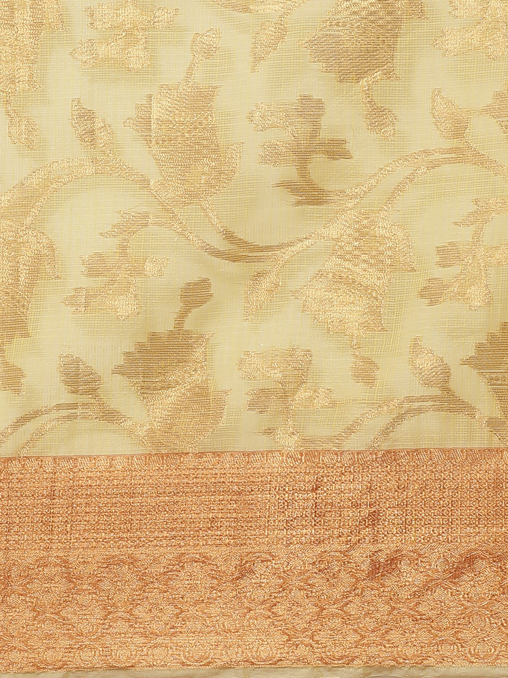 Yellow Floral Printed Zari Woven Design Kota Doria Silk Saree