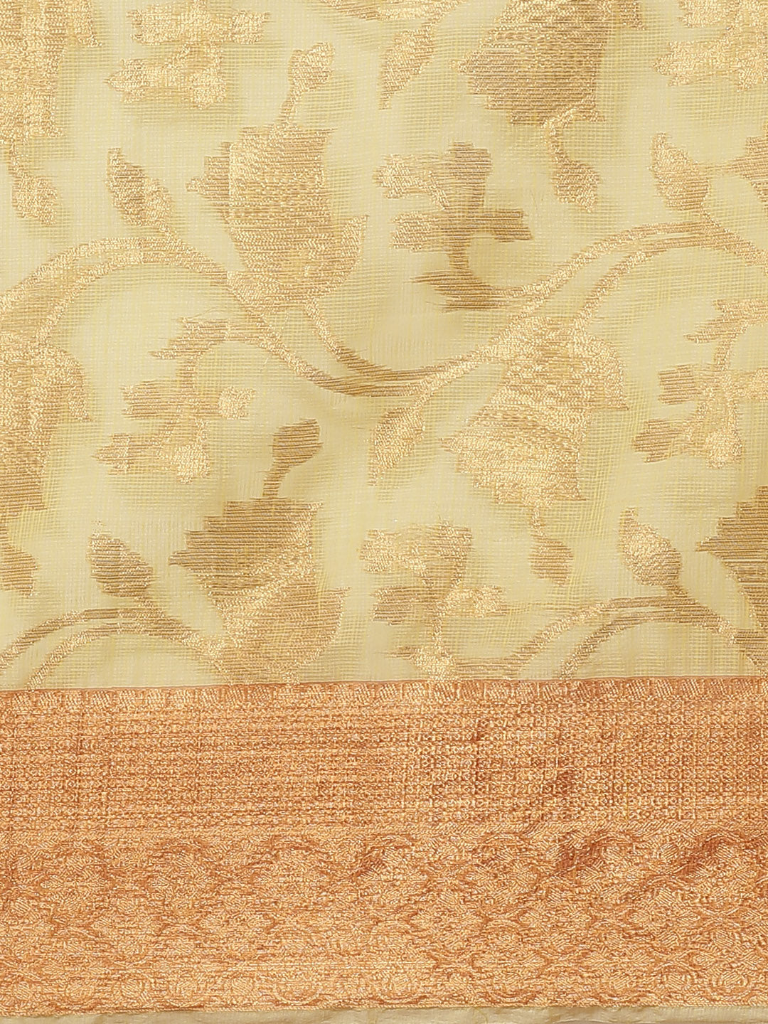 Yellow Floral Printed Zari Woven Design Kota Doria Silk Saree