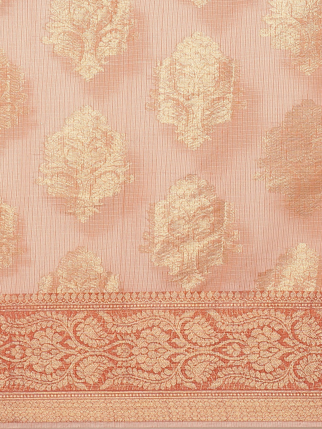 Peach Floral Printed Zari Woven Design Kota Doria Silk Saree