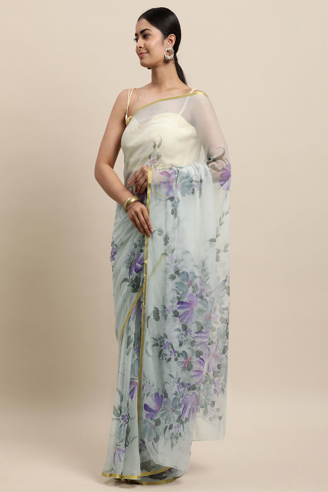 Grey And Purple Hand Painted Floral Chiffon Saree