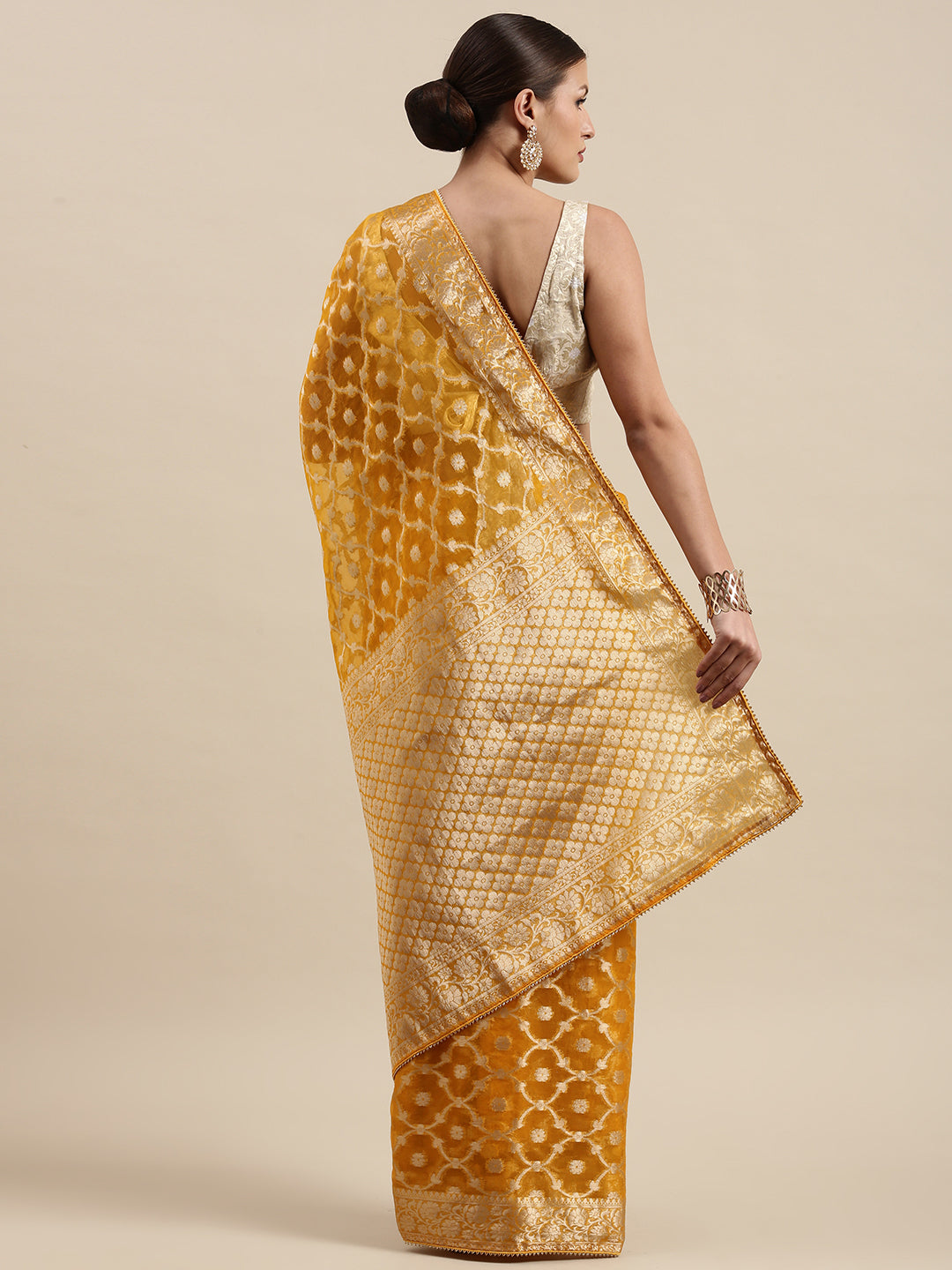 Yellow Floral Zari Organza Banarasi Saree