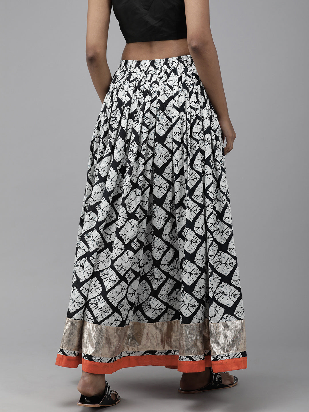 White & Black Hand Block Printed Cotton Skirt With Magzi Border
