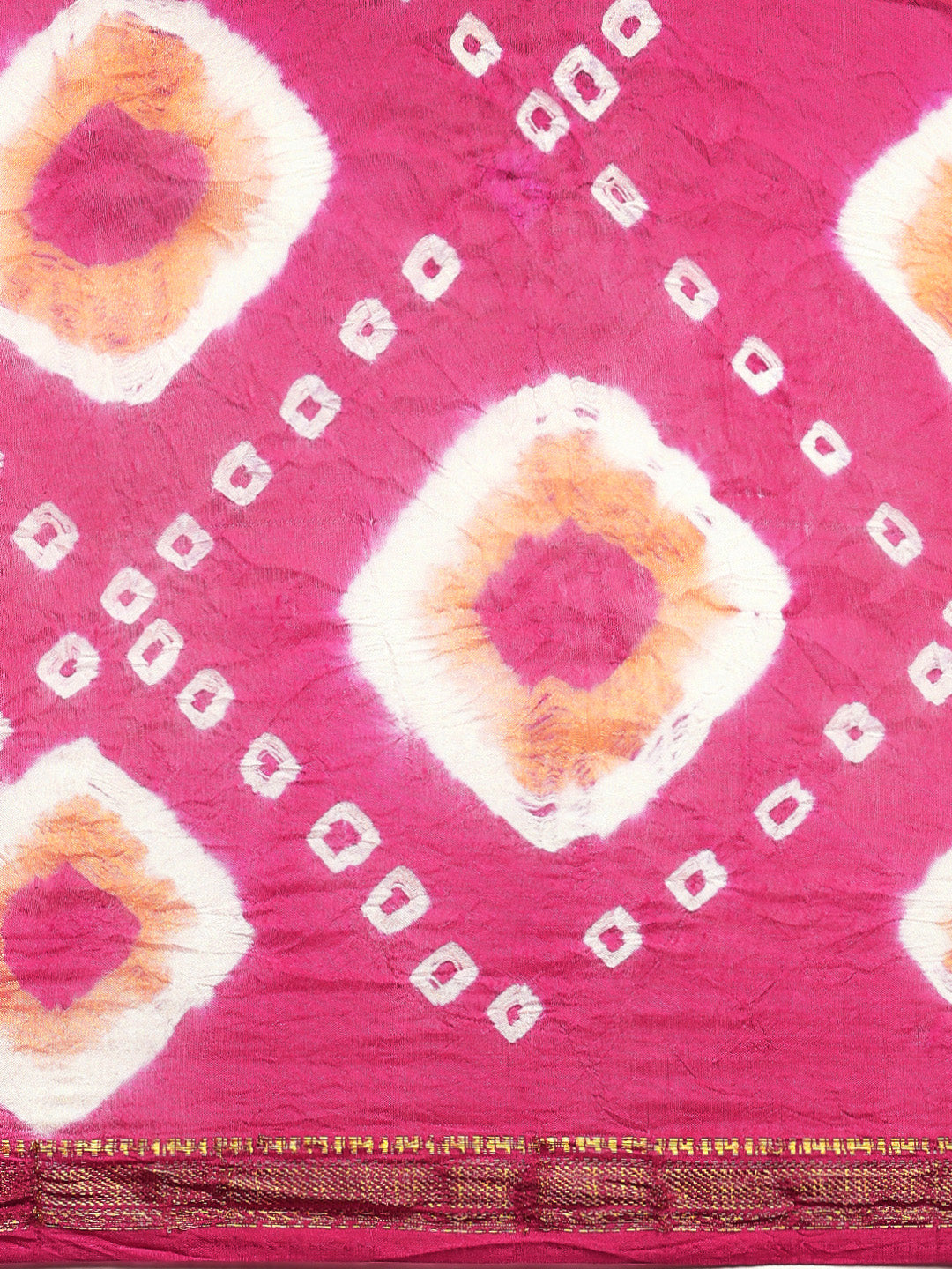 Pink & White Hand Dyed Bandhani Zari Work Art Silk Saree