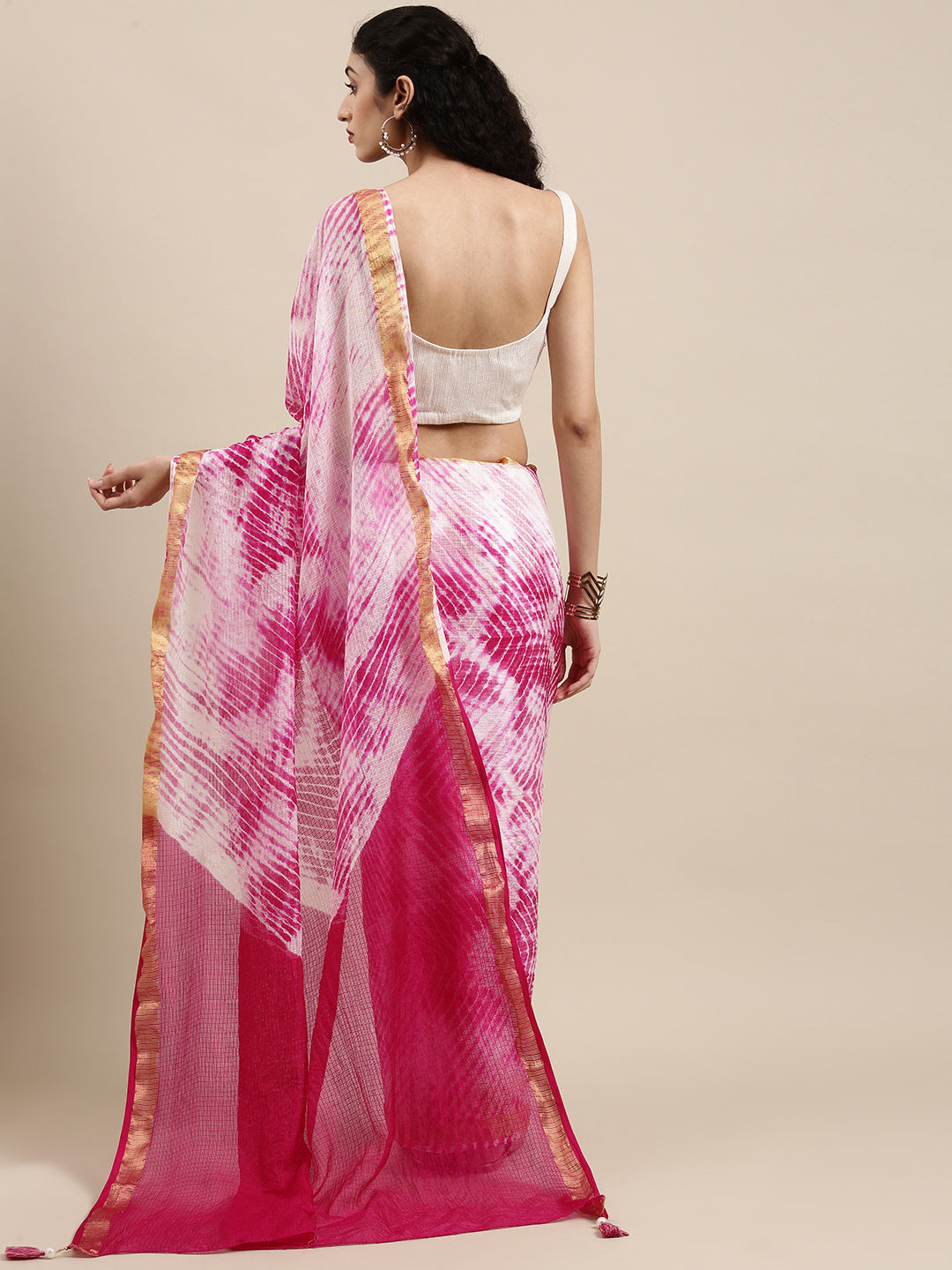 Pink Hand Dyed Leheriya Printed Kota Doria Saree