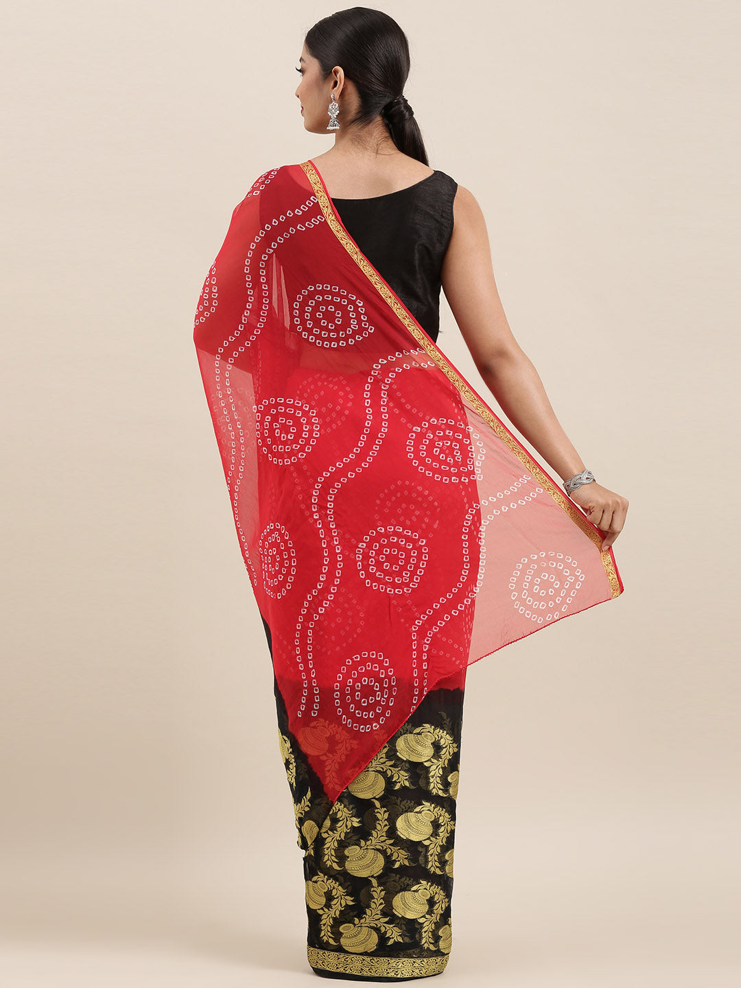 Red & Black Hand Dyed Bandhani Zari Work Chiffon Saree