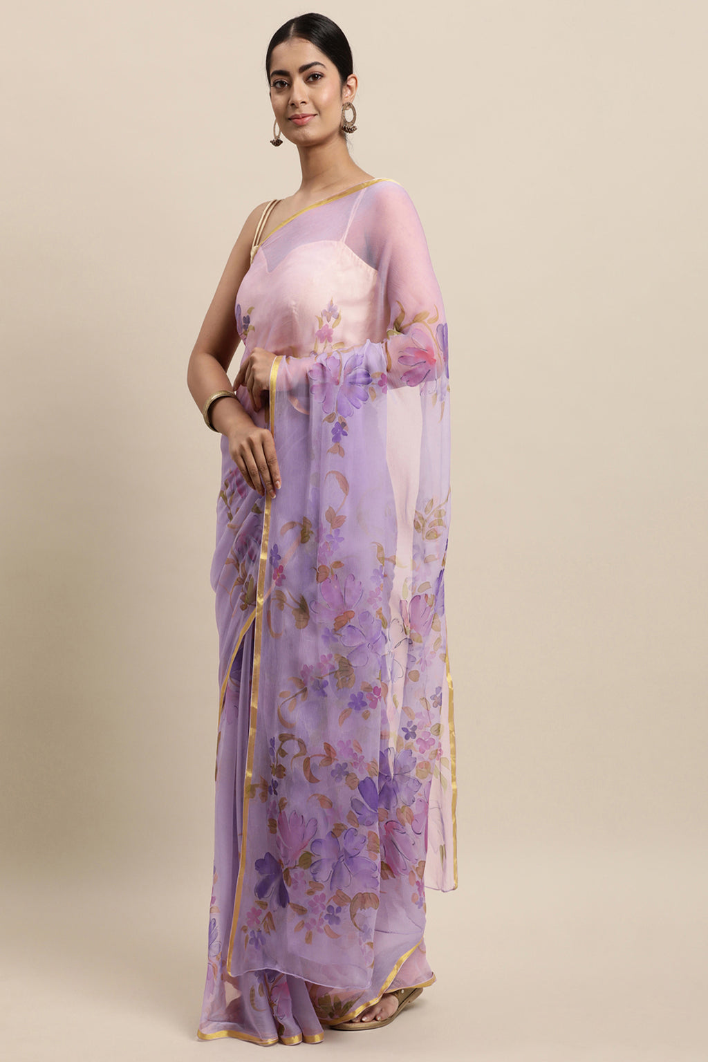 Lavender Hand Painted Floral Chiffon Saree