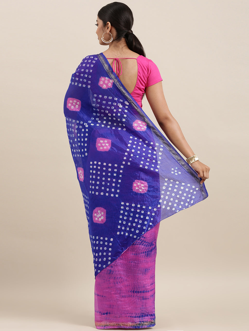 Pink & Blue Bandhani Zari Border Art Silk Saree