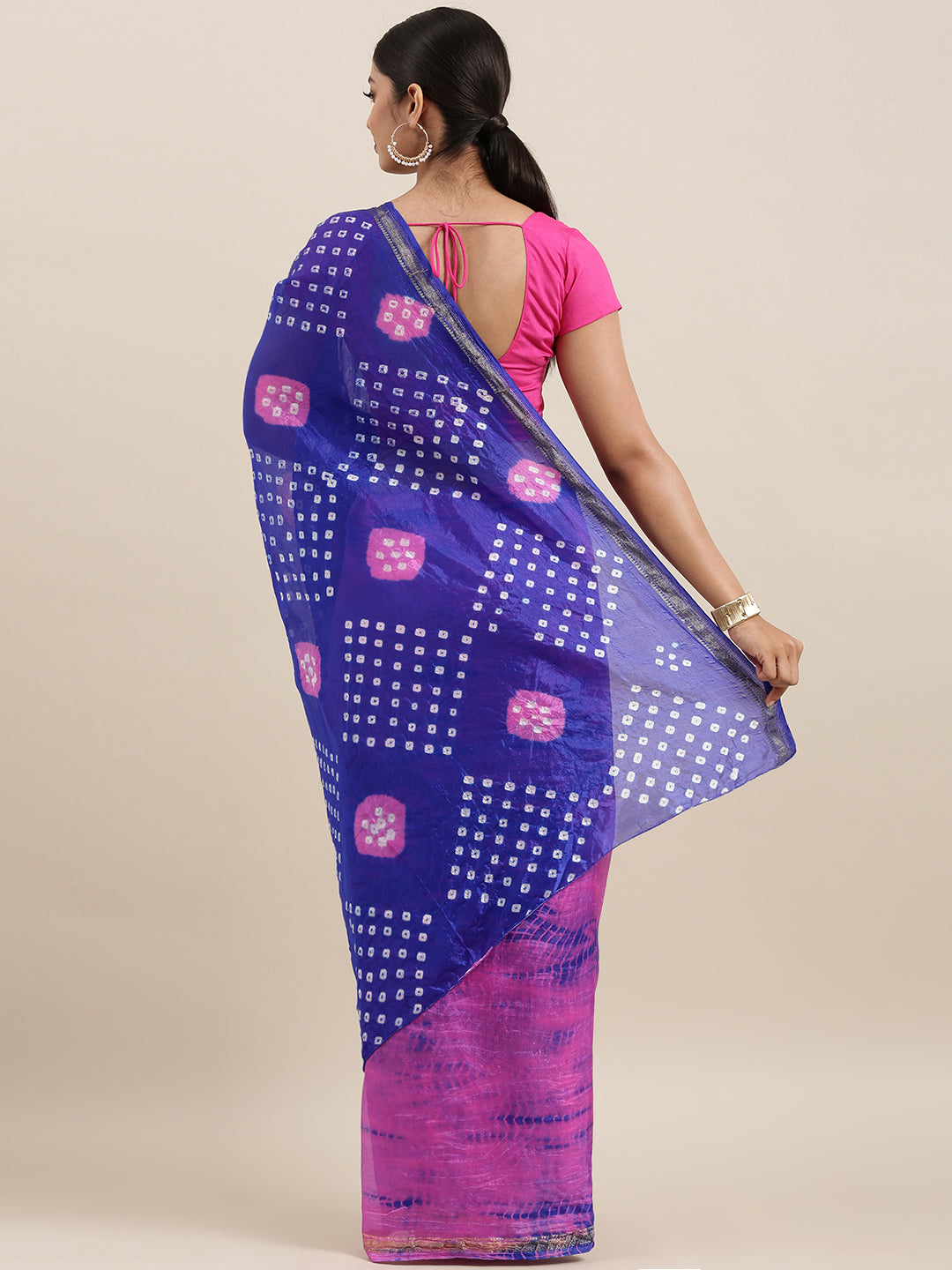 Pink & Blue Bandhani Zari Border Art Silk Saree