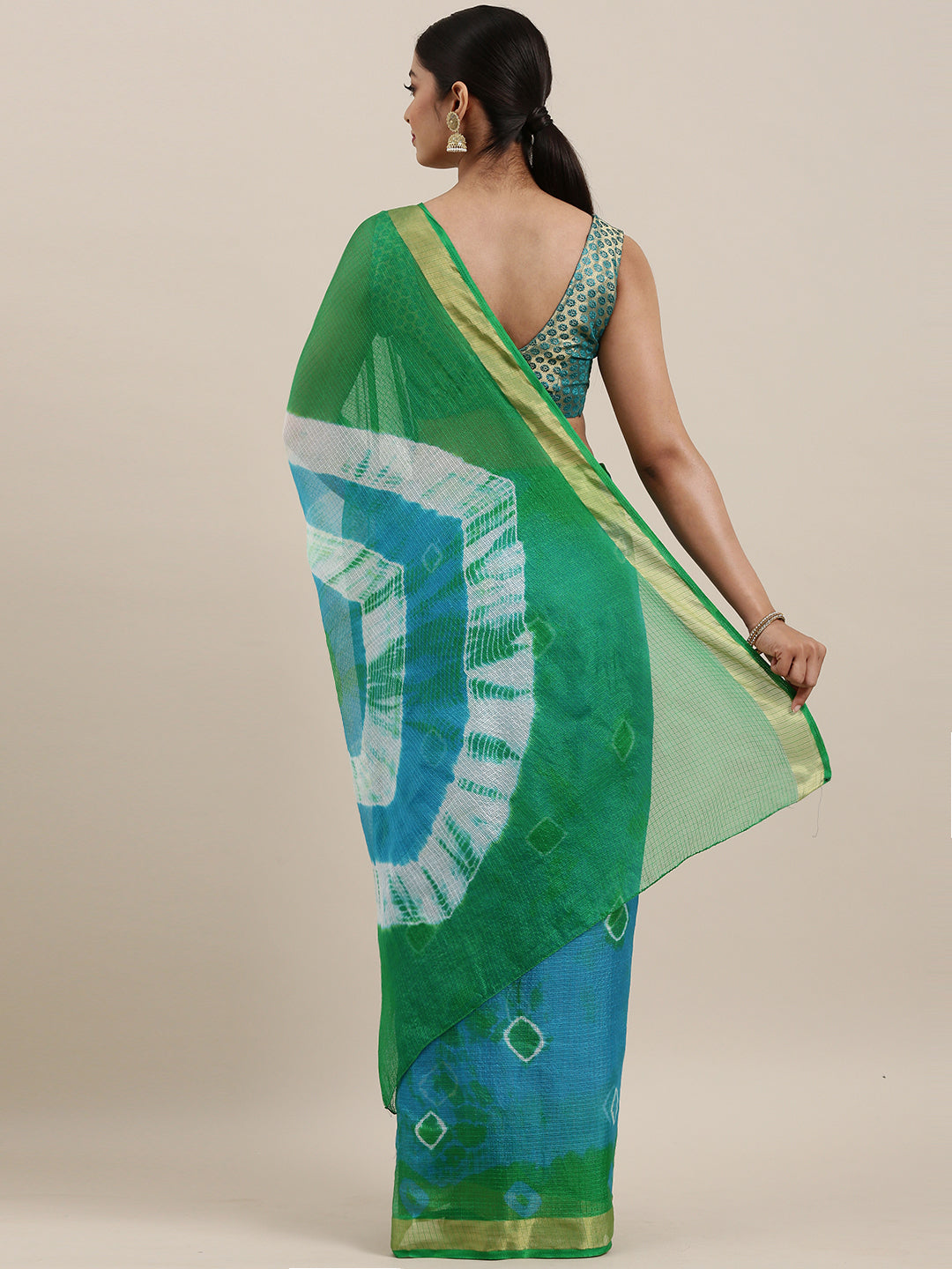 Blue Bandhani Zari Border Kota Doria Silk Saree