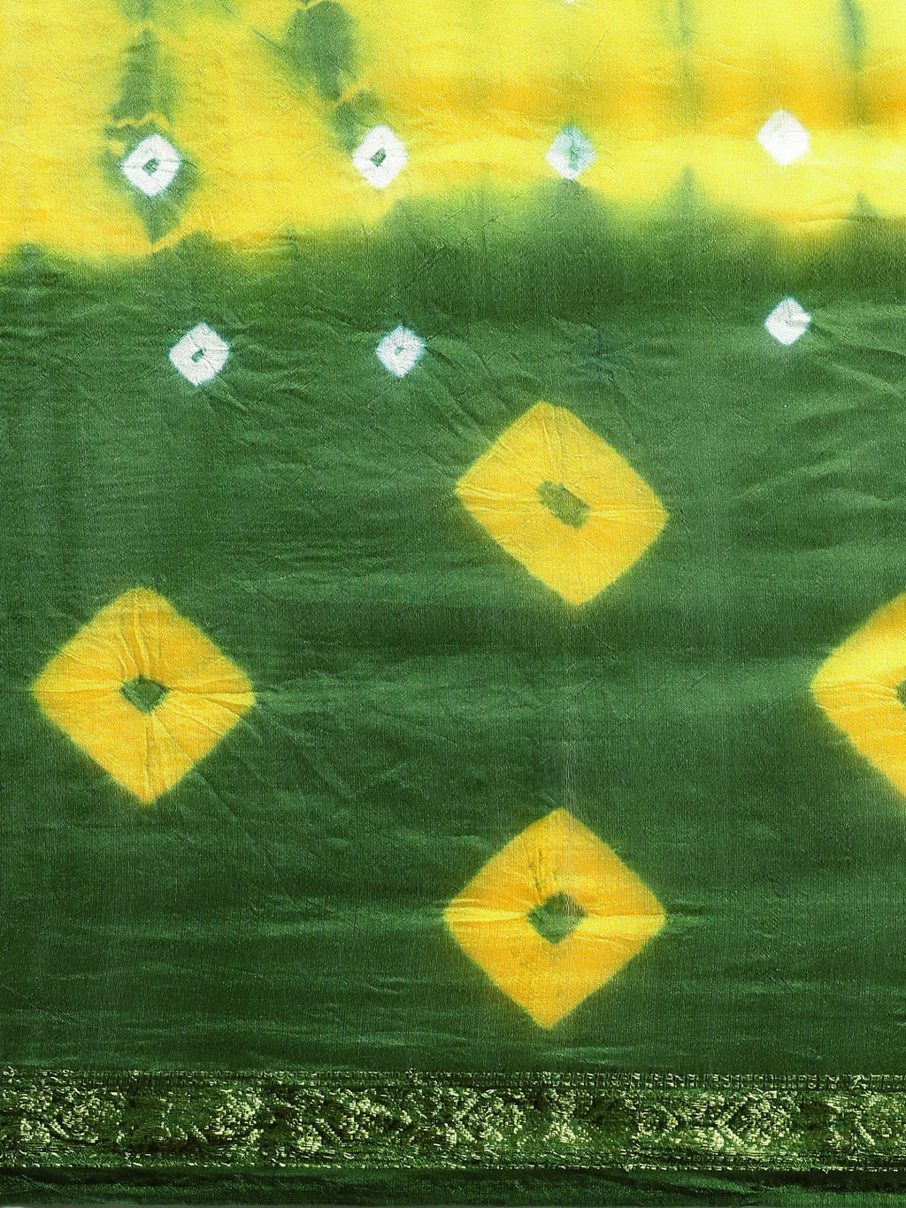 Green & Yellow Hand Dyed Bandhani Zari Work Art Silk Saree