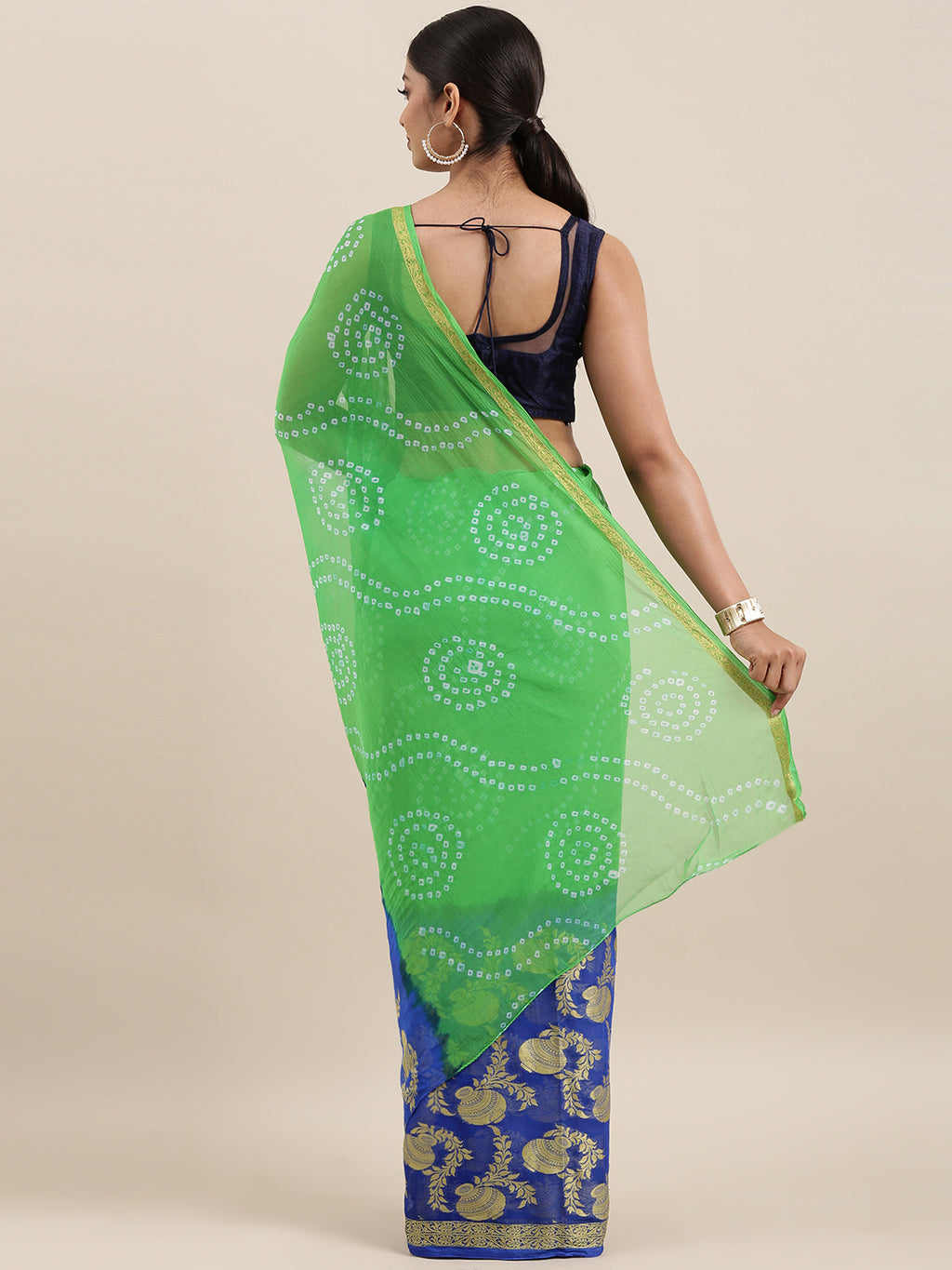 Blue & Green Bandhani Zari Work Chiffon Saree