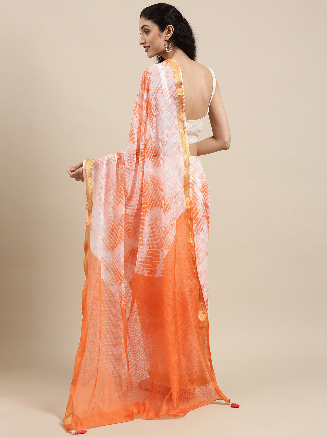 Orange Hand Dyed Leheriya Zari Border Kota Doria Silk Saree