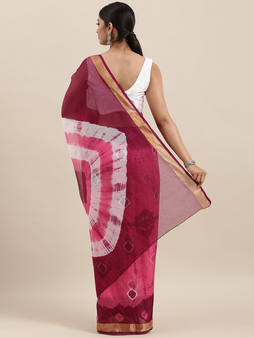 Hand Dyed Pink & Wine  Bandhani Kota Silk Saree