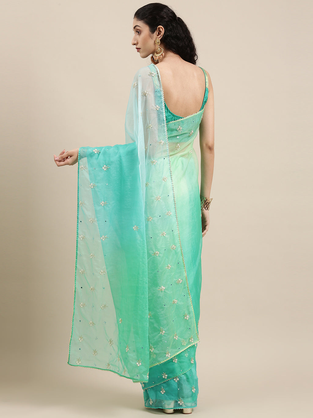 Green Shaded Gota Patti Work Lace Border Organza Saree