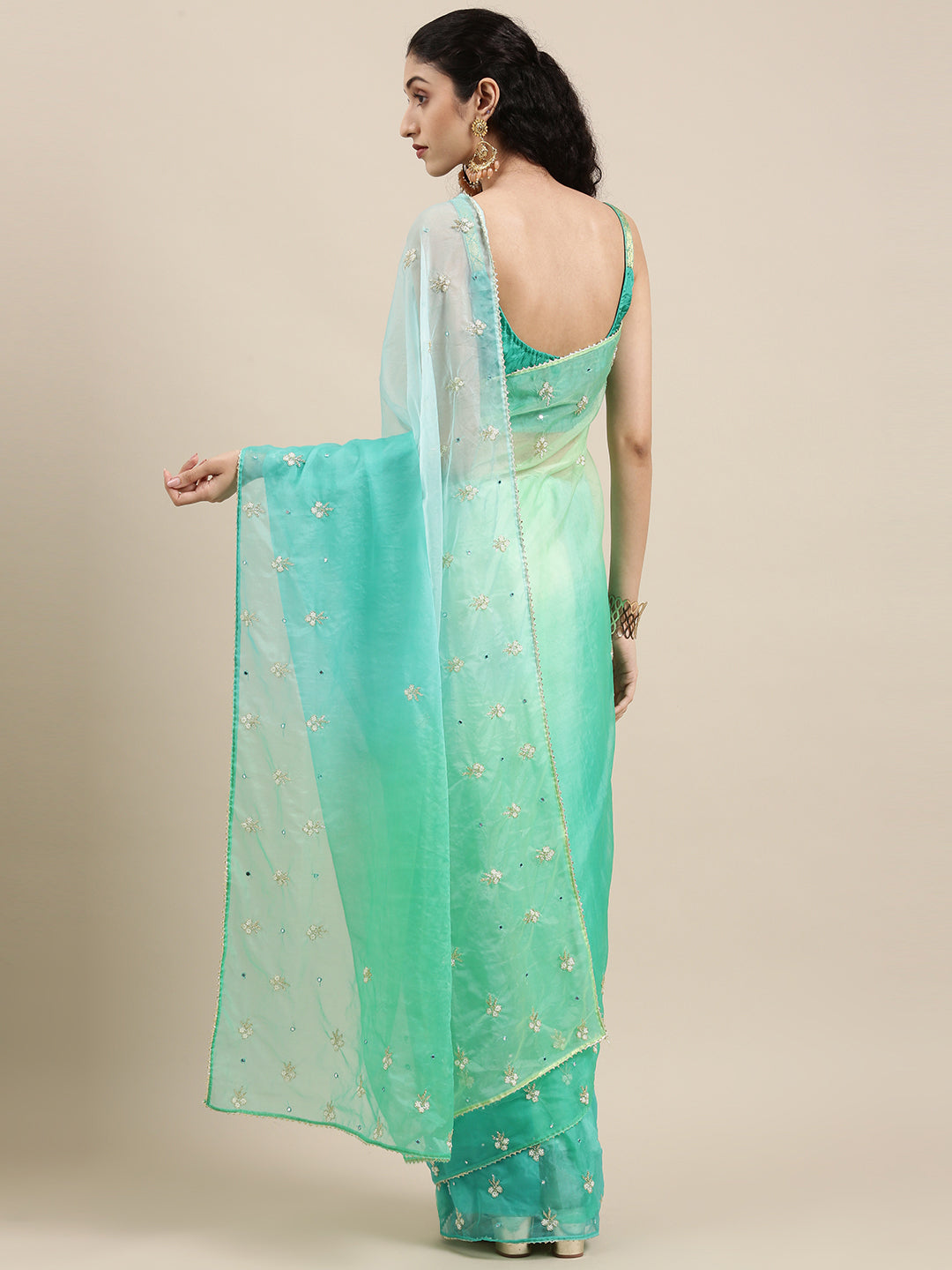 Green Shaded Gota Patti Work Lace Border Organza Saree