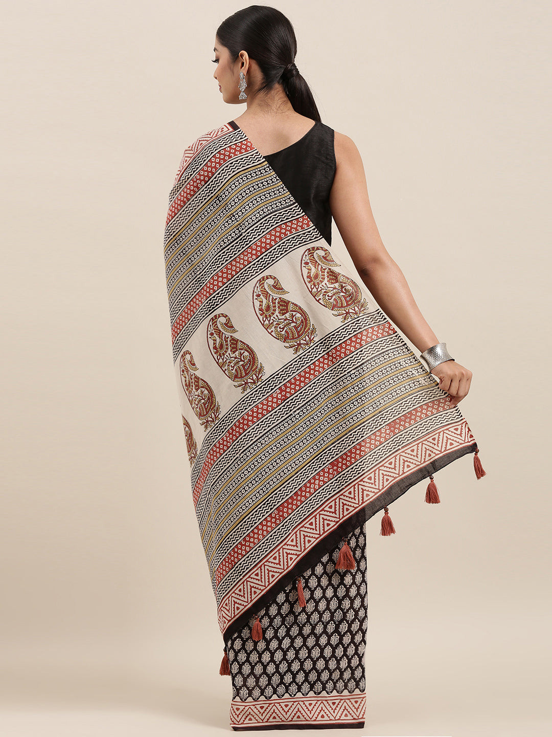 Black & Maroon Hand Block Printed Bagru Cotton Sustainable Saree