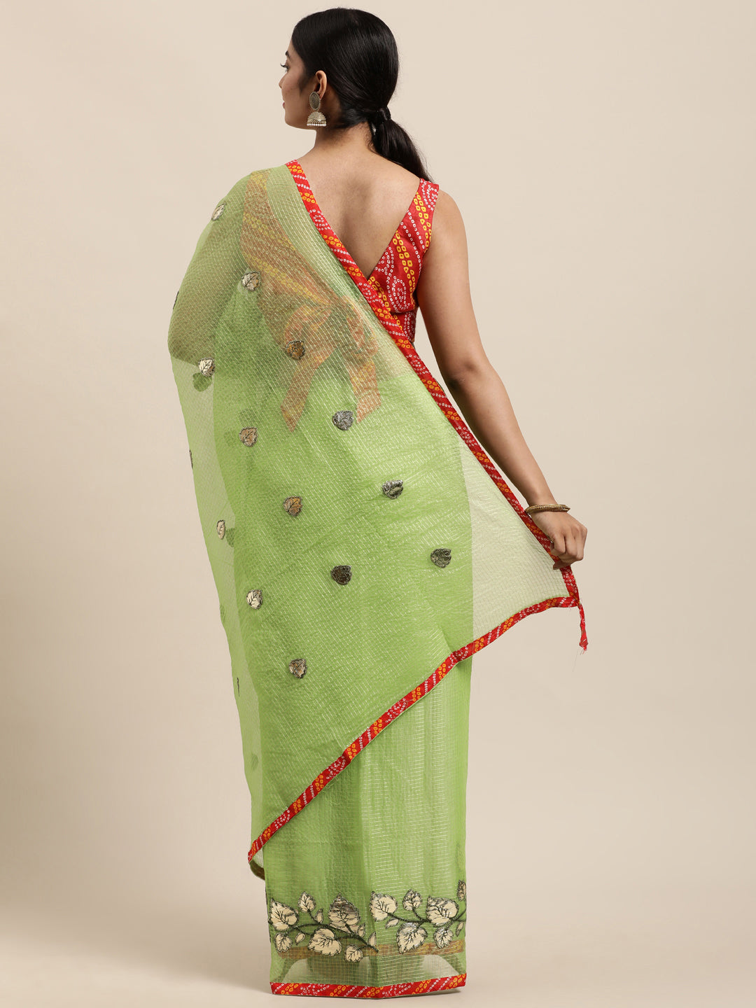Green Floral Printed Gota Patti Work Lace Border Kota Doria Saree