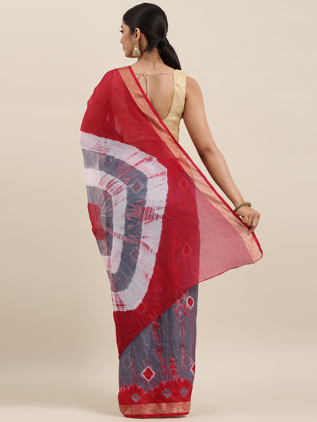Grey Bandhani Zari Border Kota Doria Silk Saree