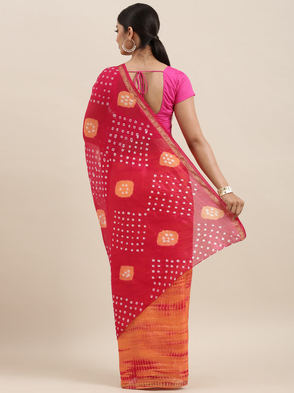 Pink & Orange Bandhani Zari Border Art Silk Saree