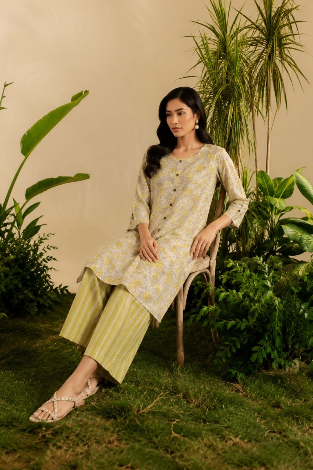 Grey Floral Hand Printed A-Line Kurta Set