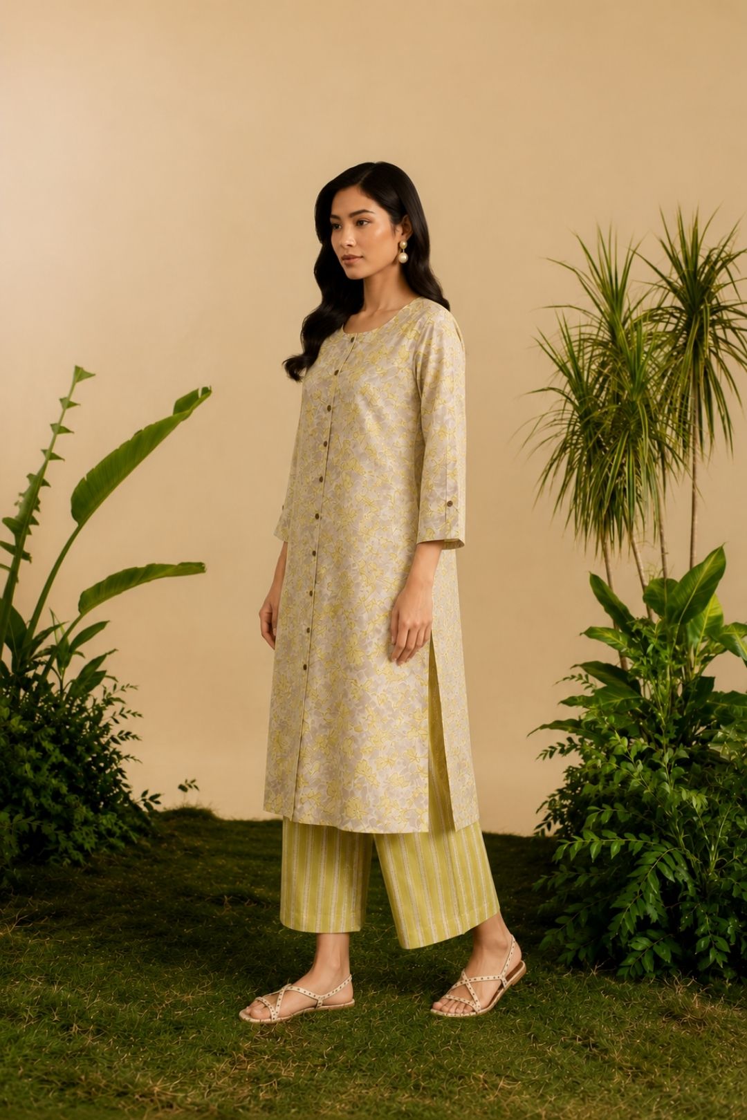 Grey Floral Hand Printed A-Line Kurta Set