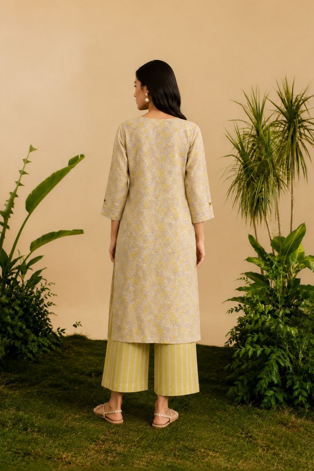 Grey Floral Hand Printed A-Line Kurta Set