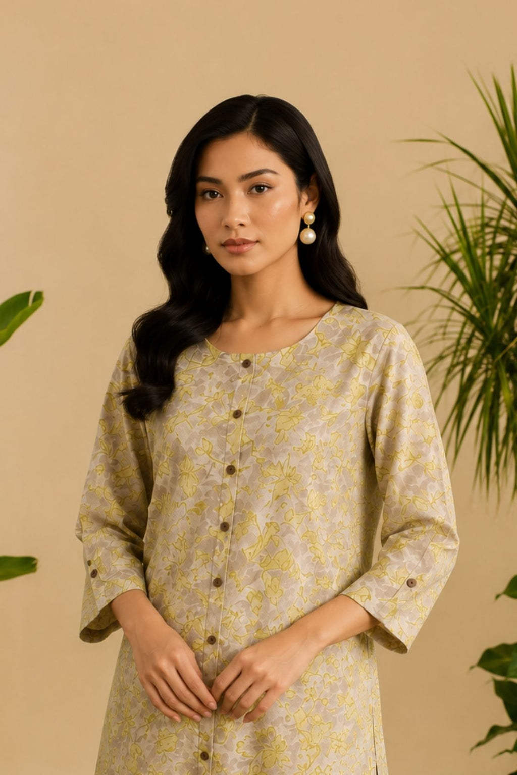 Grey Floral Hand Printed A-Line Kurta Set