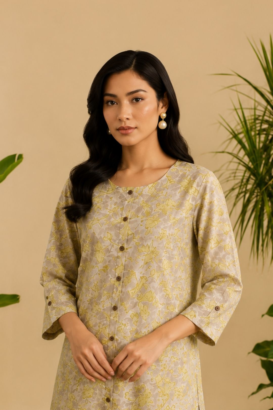 Grey Floral Hand Printed A-Line Kurta Set