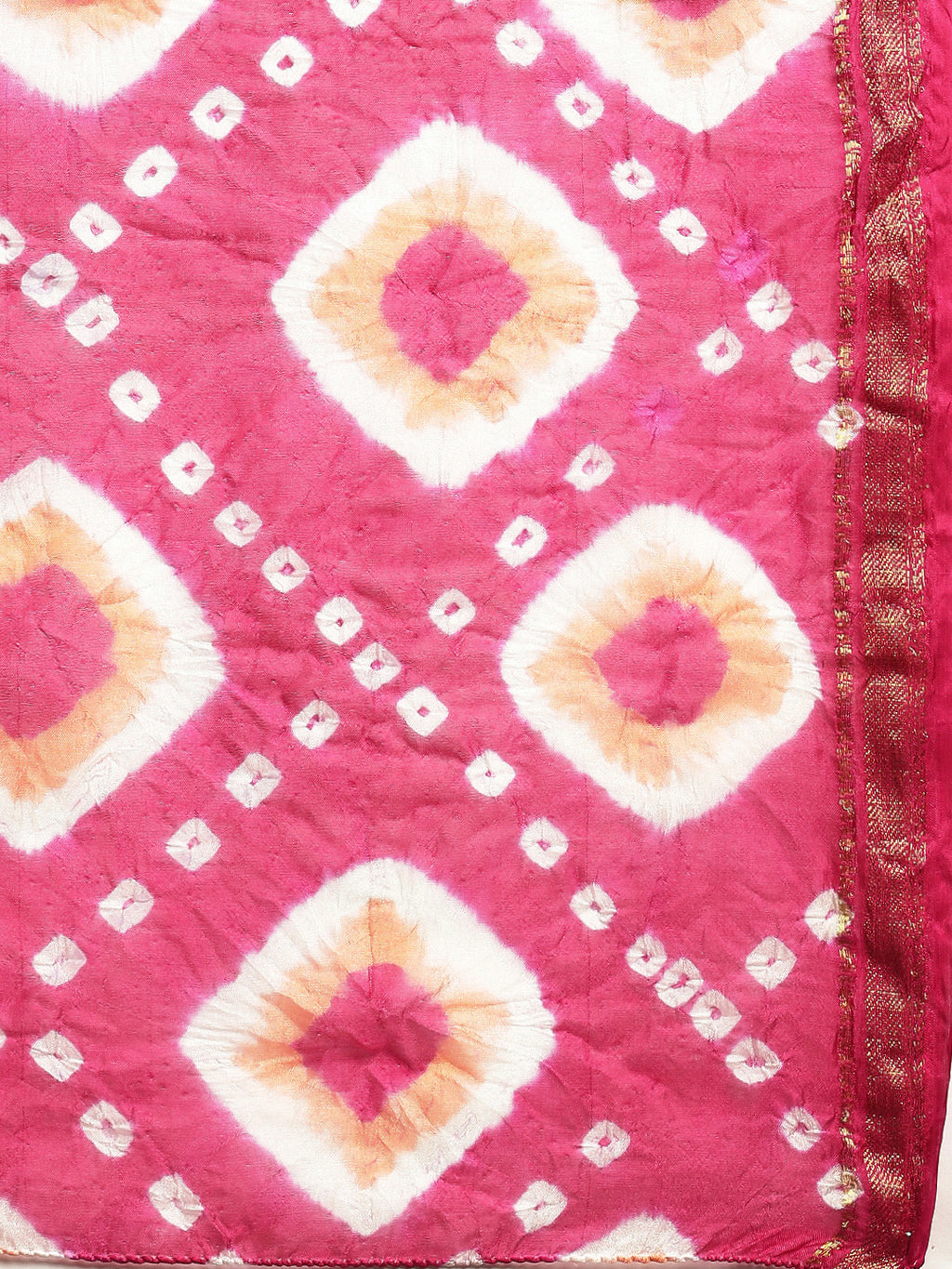 Pink & White Hand Dyed Bandhani Zari Work Art Silk Saree