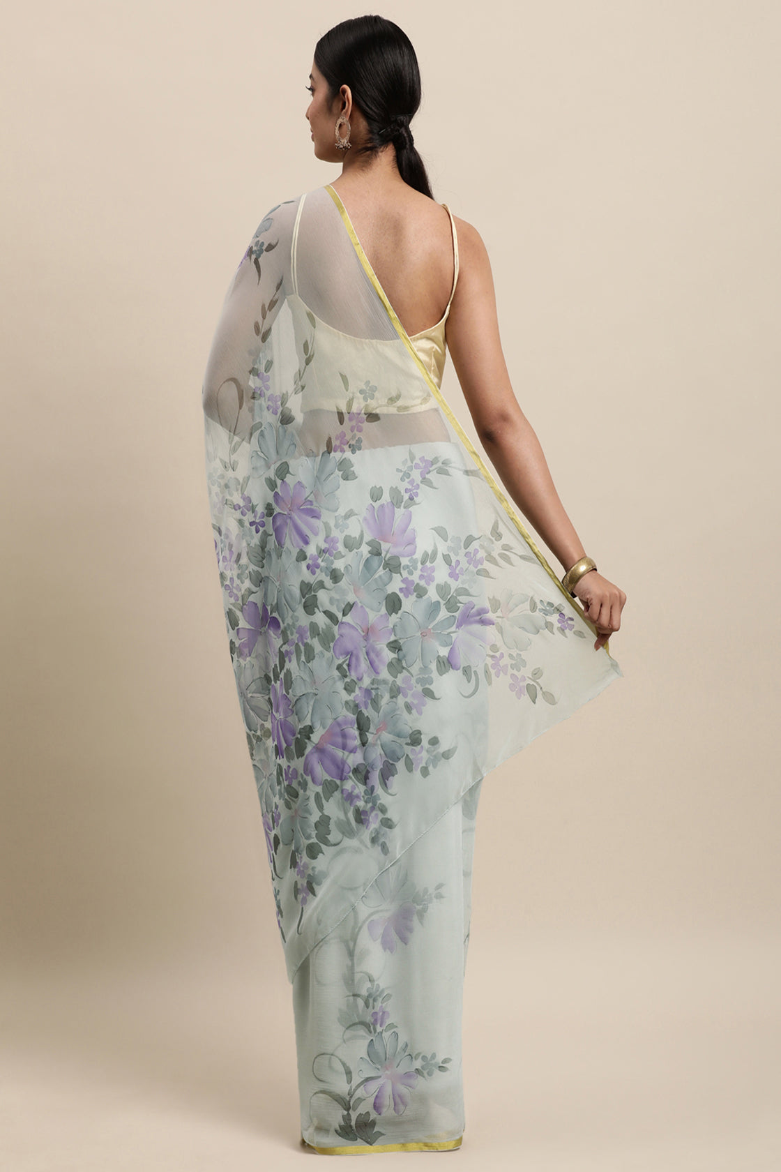 Grey And Purple Hand Painted Floral Chiffon Saree
