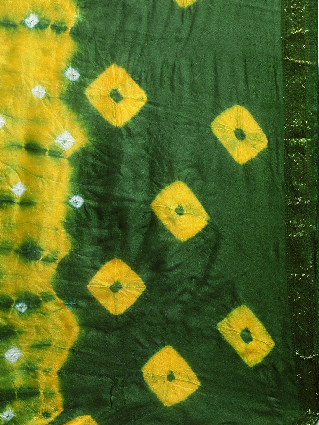 Green & Yellow Hand Dyed Bandhani Zari Work Art Silk Saree