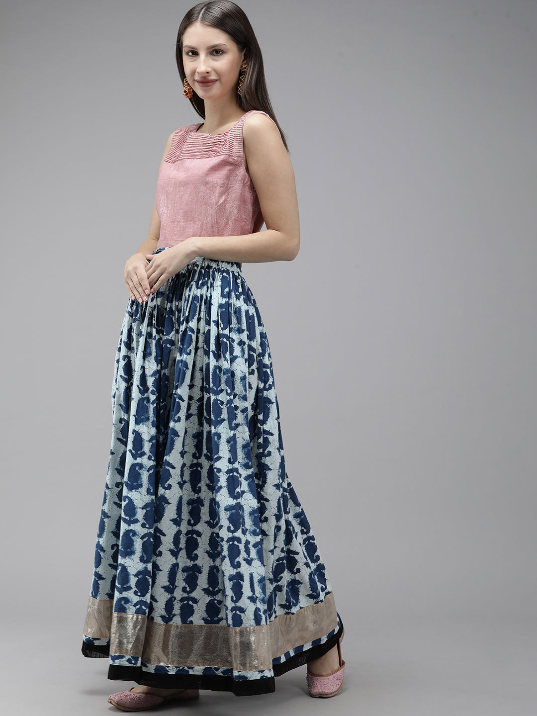 Women Blue Tie & Dye Flared Maxi Skirt