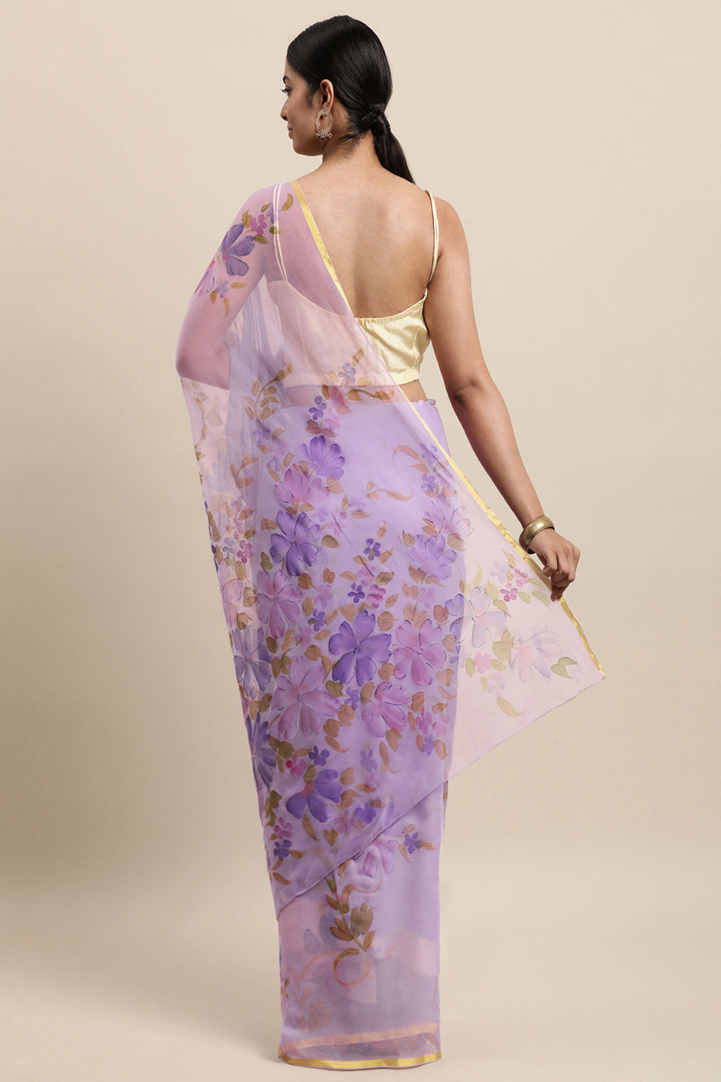 Lavender Hand Painted Floral Chiffon Saree