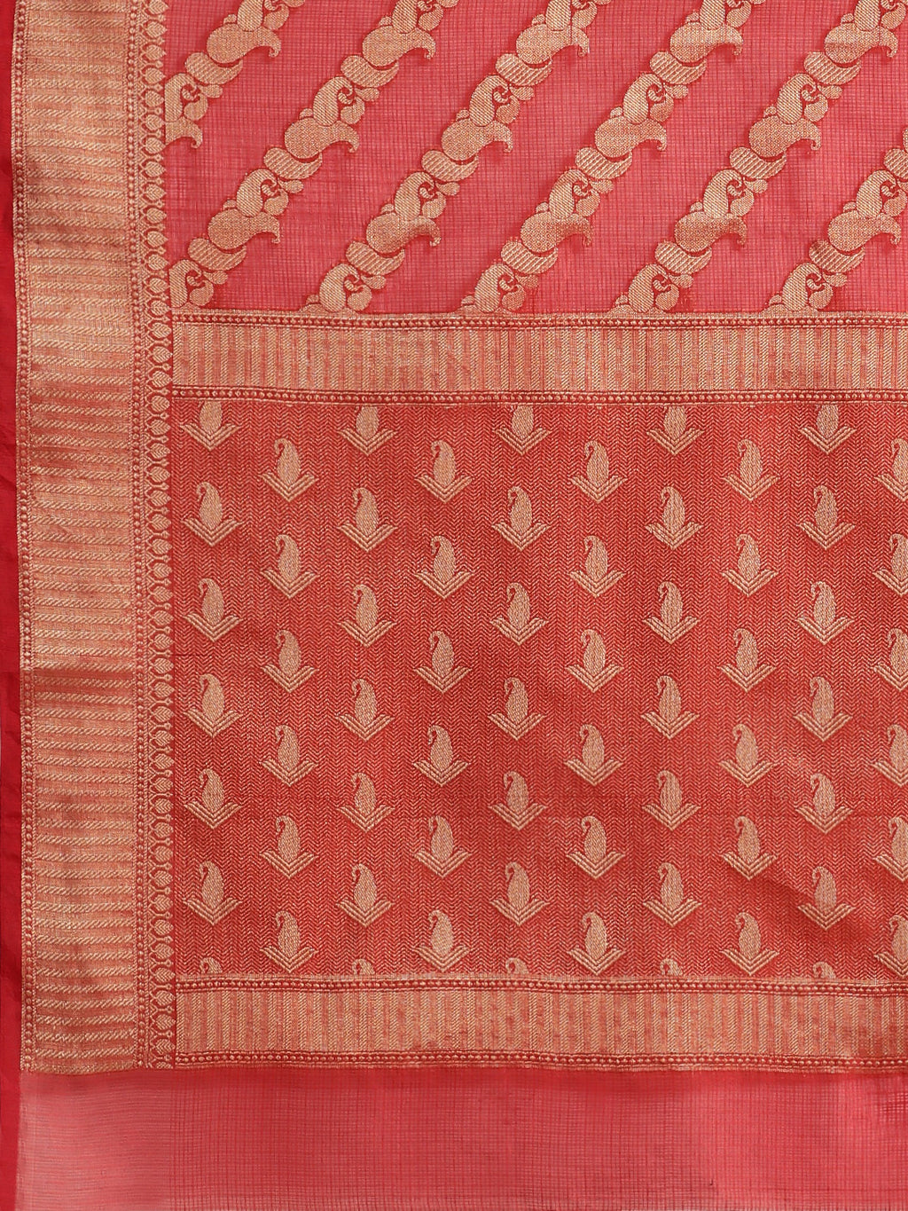 Red Floral Printed Zari Work Kota Doria Silk Saree