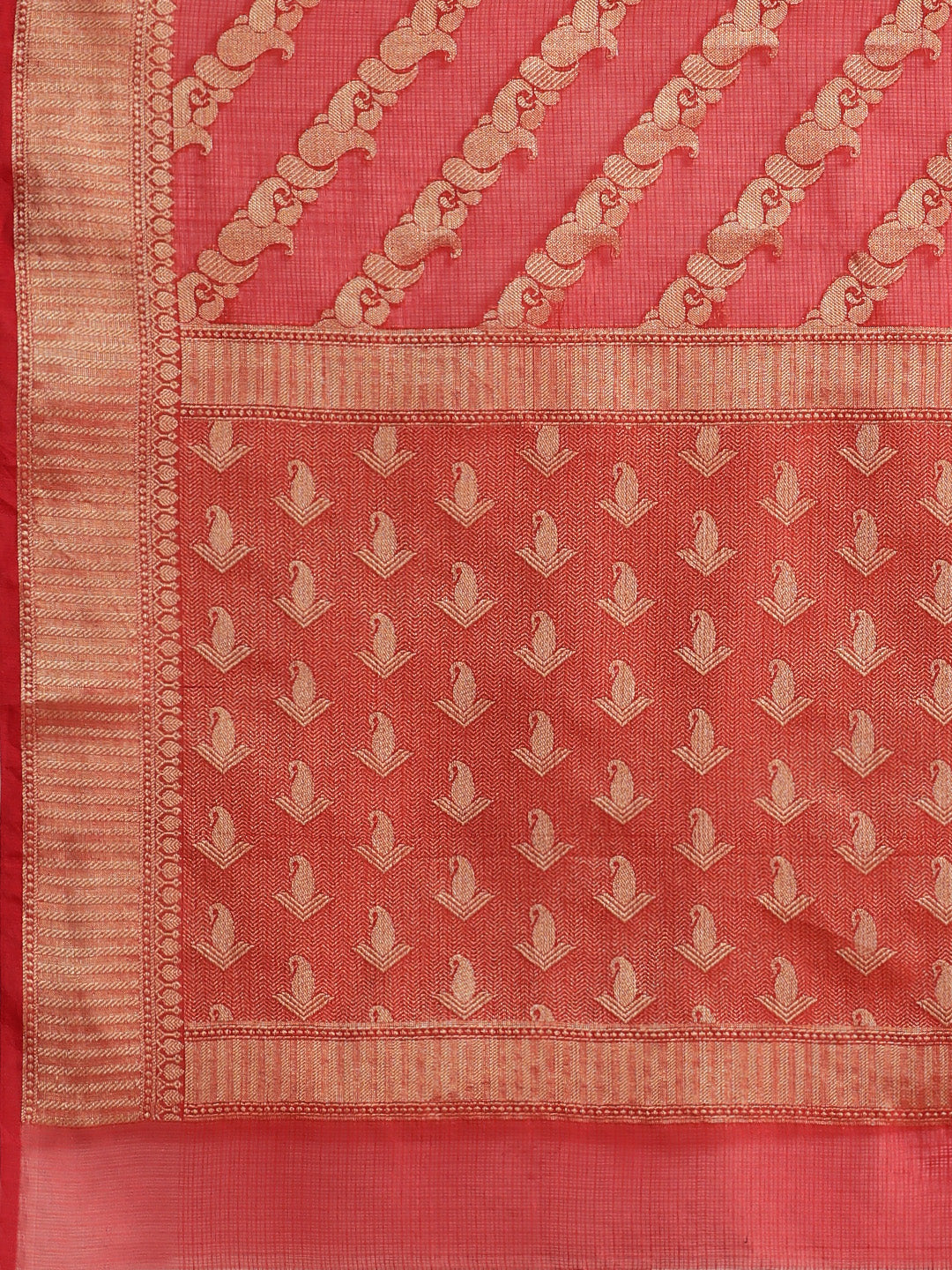 Red Floral Printed Zari Work Kota Doria Silk Saree