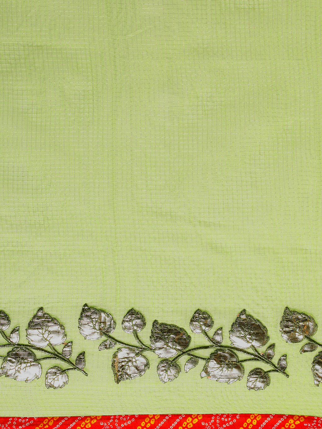 Green Floral Printed Gota Patti Work Lace Border Kota Doria Saree