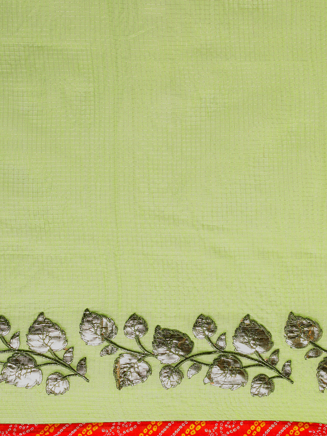 Green Floral Printed Gota Patti Work Lace Border Kota Doria Saree