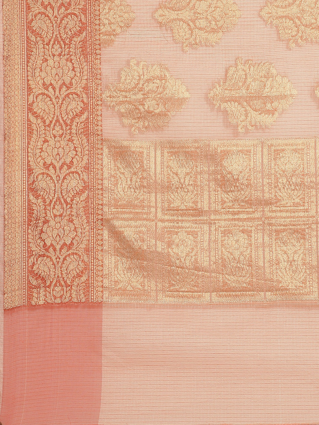 Peach Floral Printed Zari Woven Design Kota Doria Silk Saree