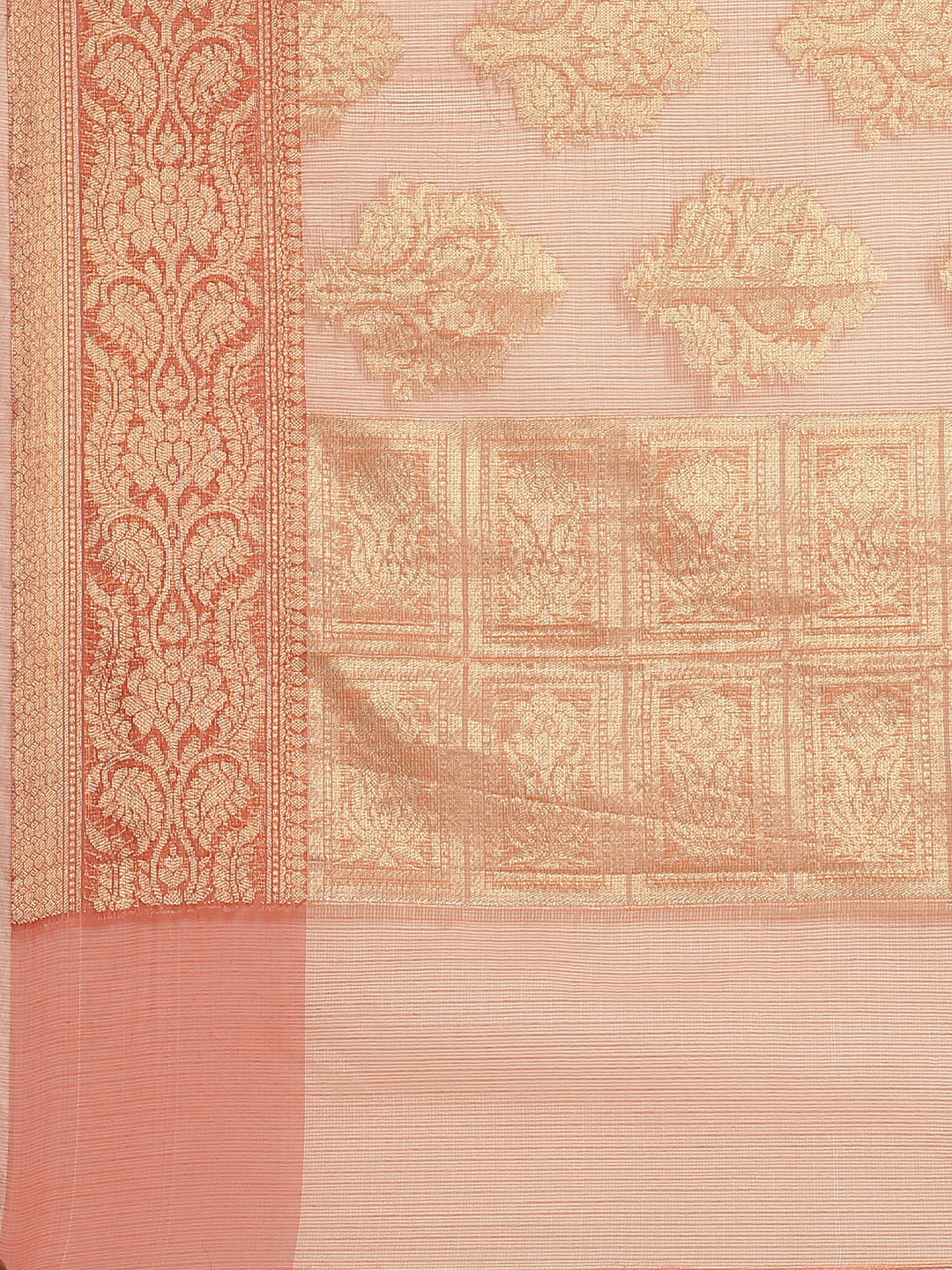 Peach Floral Printed Zari Woven Design Kota Doria Silk Saree