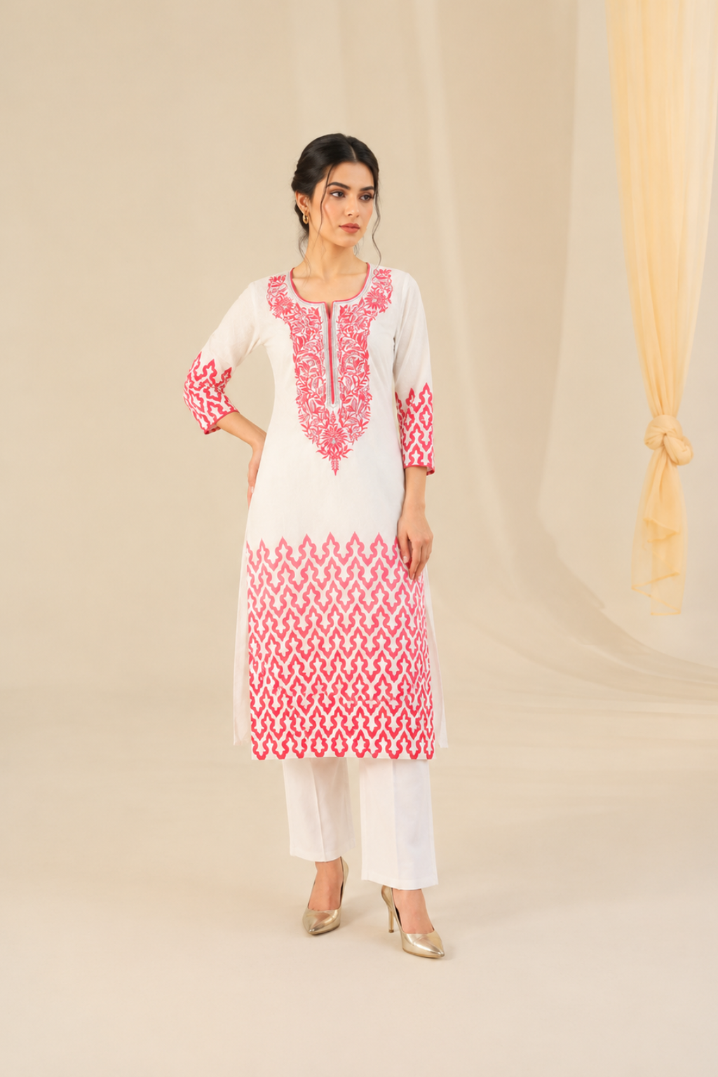 White & Pink Embroidered Straight Cotton Kurta