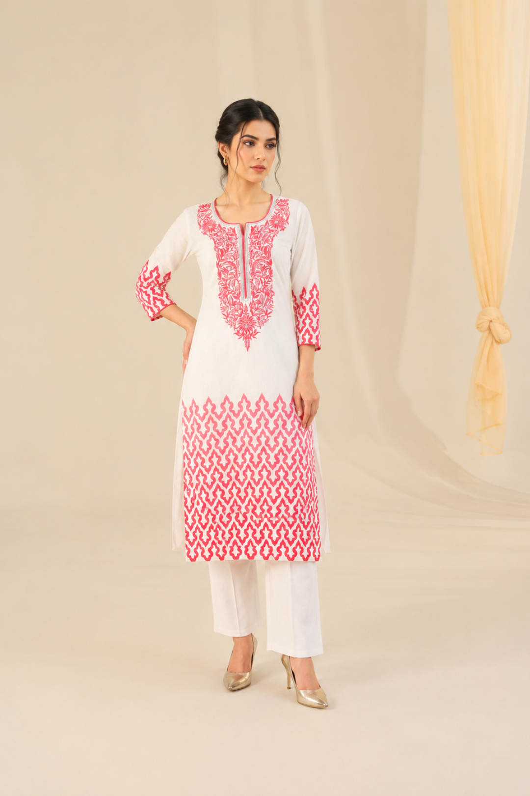 White & Pink Embroidered Straight Cotton Kurta