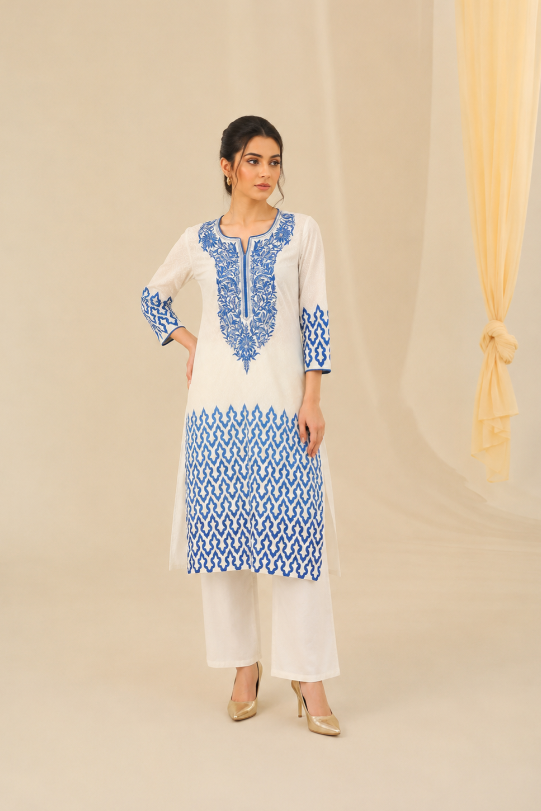 White & Blue Embroidered Straight Cotton Sustainable Kurta