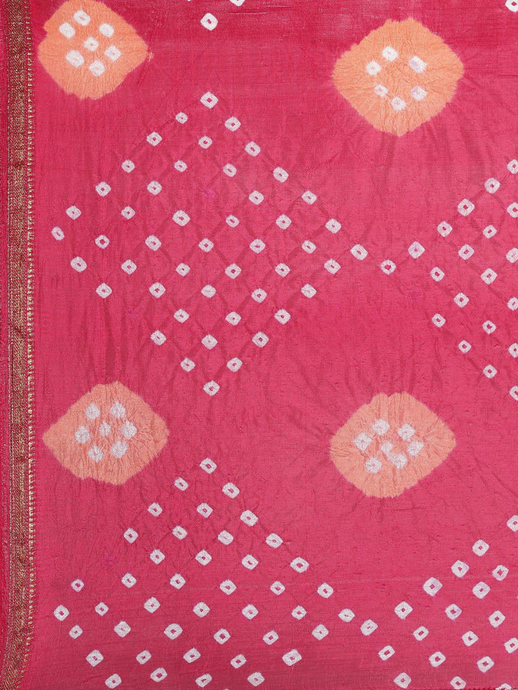 Pink & Orange Bandhani Zari Border Art Silk Saree