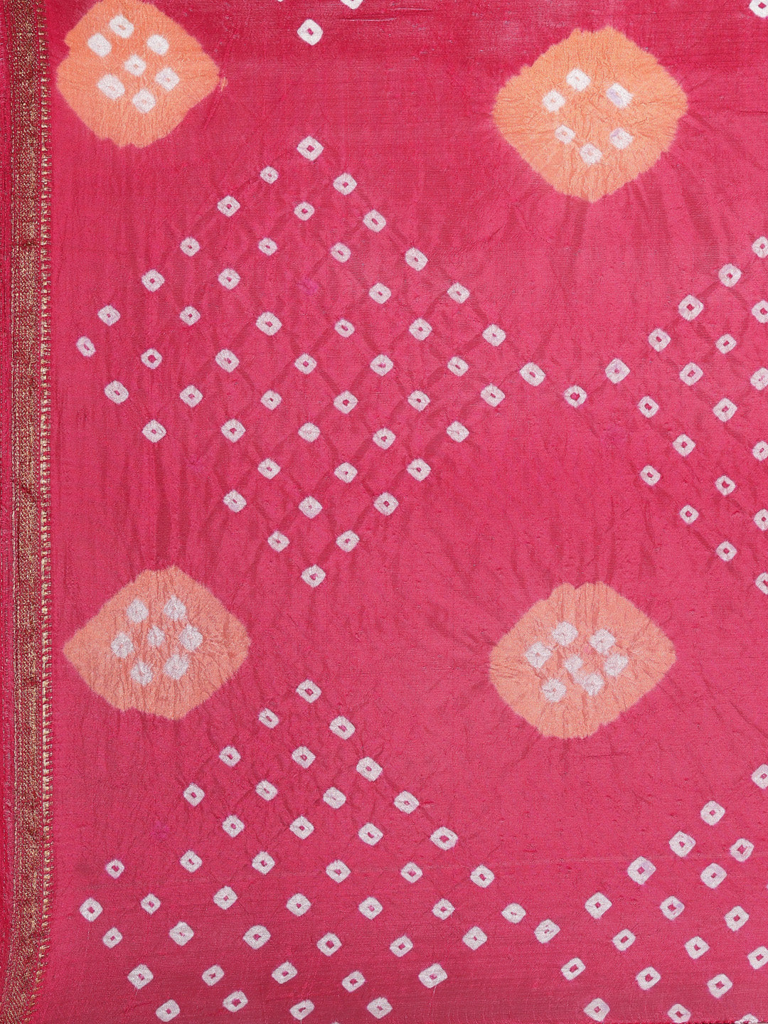Pink & Orange Bandhani Zari Border Art Silk Saree