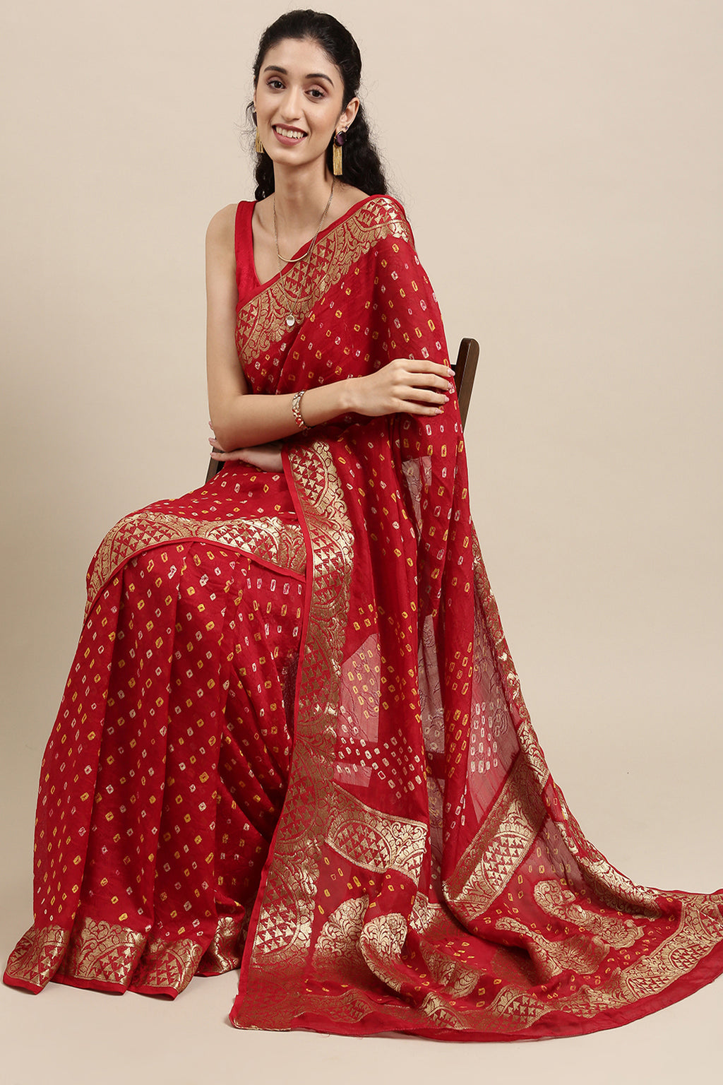 Red & Gold-Toned Bandhani Zari Silk Blend Bandhani Saree