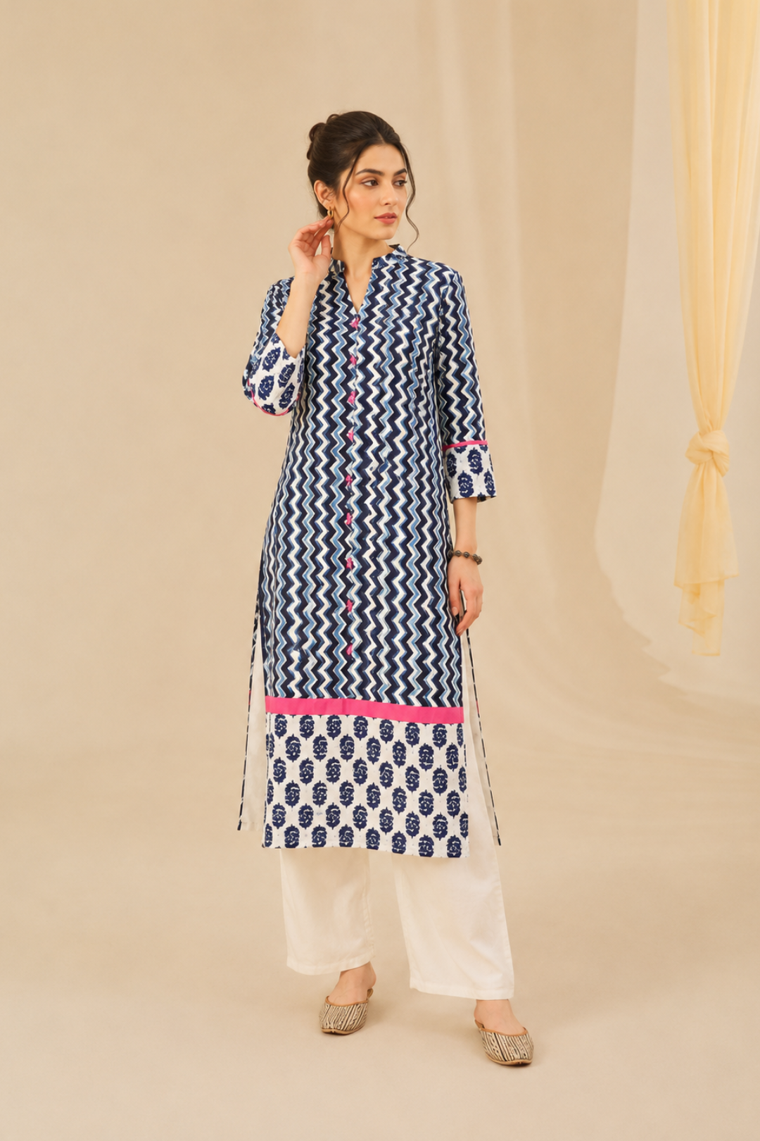 Indigo Hand Block Printed Straight Pure Cotton Kurta