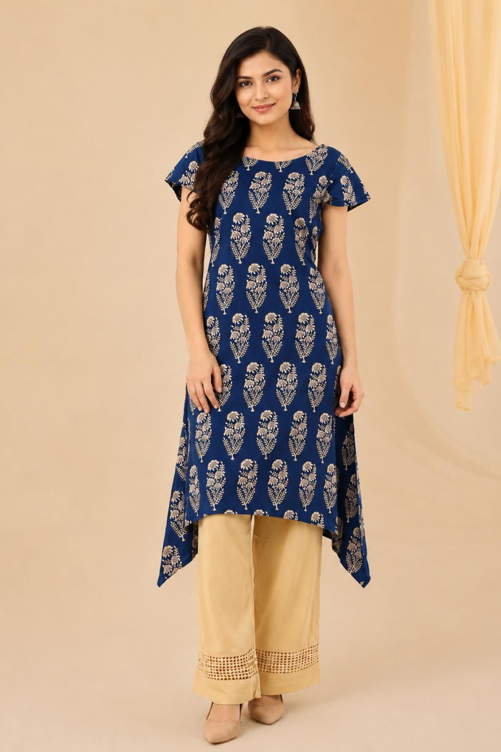 Indigo Hand Block Printed A-Line Pure Cotton Kurta