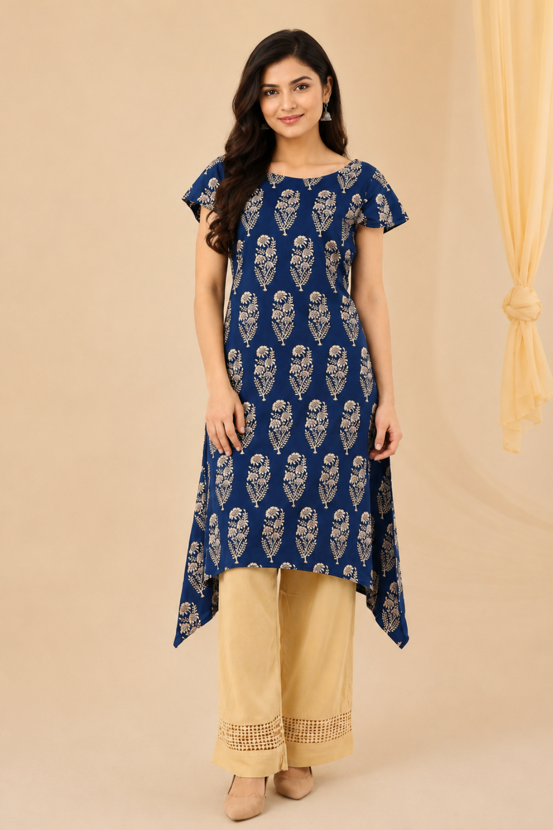 Indigo Hand Block Printed A-Line Pure Cotton Kurta